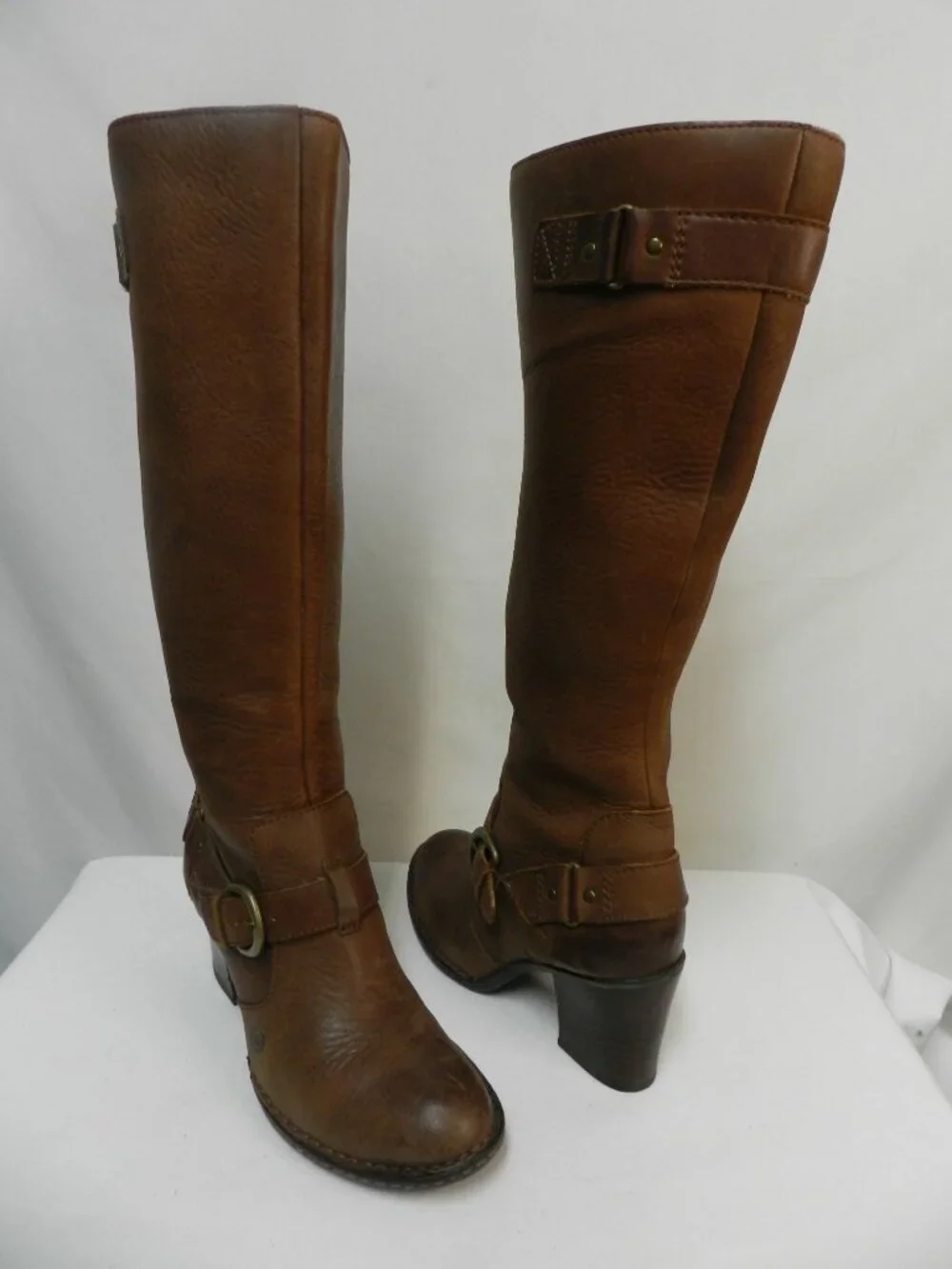 BORN Natasha Leather tall zip boots w/ harness brown heeled Comfort Size Sz 7